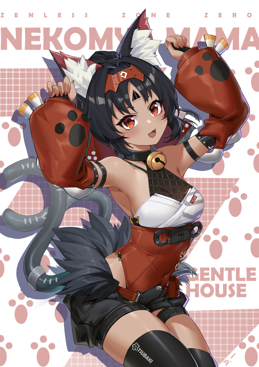 1girl :d absurdres animal_ear_fluff animal_ears armpits arms_up barcode bell black_bridal_gauntlets black_hair black_shorts black_thighhighs breasts bridal_gauntlets cat_ears cat_girl cat_tail character_name commentary copyright_name covered_navel cowboy_shot dark-skinned_female dark_skin detached_sleeves english_commentary english_text facial_mark fangs forehead_mark hairband highres jingle_bell linreplica looking_at_viewer mechanical_tail multiple_tails neck_bell nekomiya_mana open_mouth paw_print paw_print_background red_eyes red_hairband red_sleeves shorts simple_background smile solo tail thighhighs triangle triangle_facial_mark two_tails zenless_zone_zero