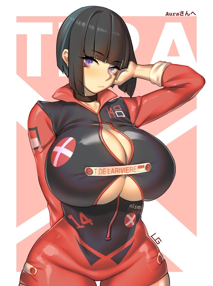 1girl arm_up aurahack black_hair breasts bursting_breasts buttons choker cleavage cowboy_shot groin hand_on_head highres huge_breasts looking_at_viewer purple_eyes race_queen short_hair skindentation solo tera_(aurahack) underboob