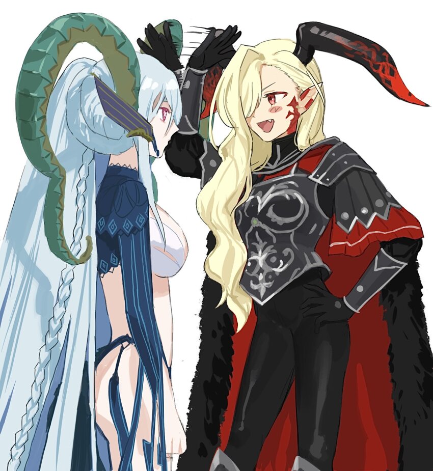 2girls :d afterimage armor ass asymmetrical_bangs black_bodysuit black_horns blonde_hair blue_hair bodysuit braid breastplate breasts cape cherroppi closed_mouth contrapposto cowboy_shot curled_horns expressionless eye_contact facial_mark fang fate/grand_order fate_(series) fur-trimmed_cape fur_trim green_horns hair_over_one_eye hair_over_shoulder hand_on_own_hip height_difference highres horns large_breasts large_horns larva_tiamat_(fate) larva_tiamat_(third_ascension)_(fate/grand_order) long_hair long_horns looking_at_another multicolored_horns multiple_girls nero_claudius_(fate) nero_claudius_(fate)_(all) one_eye_covered open_mouth pink_eyes pointy_ears profile pteruges queen_draco_(fate) queen_draco_(third_ascension)_(fate) red_cape red_eyes red_horns revealing_clothes simple_background single_hair_intake smile symbol-shaped_pupils tiamat_(fate) turtleneck two-tone_horns very_long_hair wavy_hair white_background x-shaped_pupils