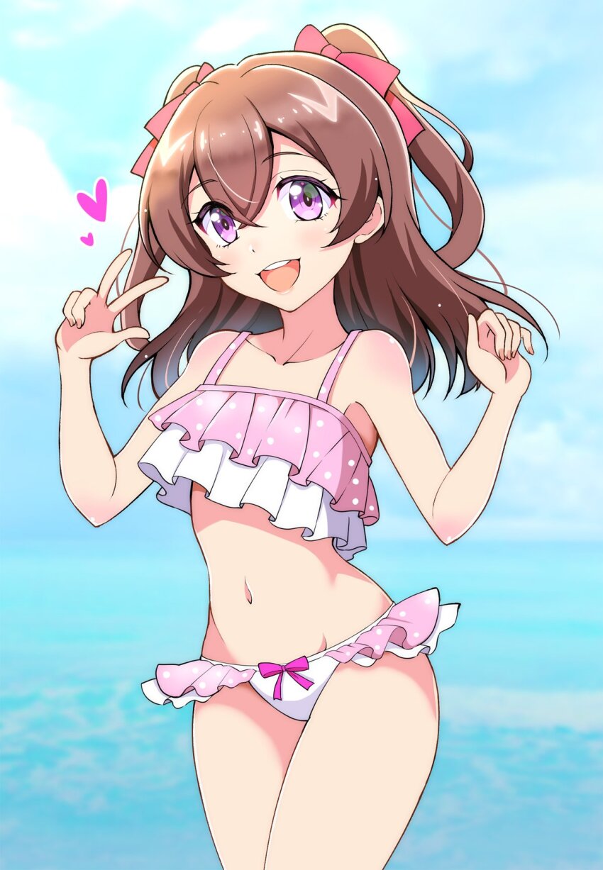 1girl beach bikini blush bow brown_hair cloud cloudy_sky collarbone cowboy_shot day delicious_party_precure frills hair_between_eyes hair_bow highres kaatsu_katsurou long_hair looking_at_viewer nagomi_yui navel ocean open_mouth pink_bikini precure purple_eyes sky smile solo swimsuit two_side_up v water