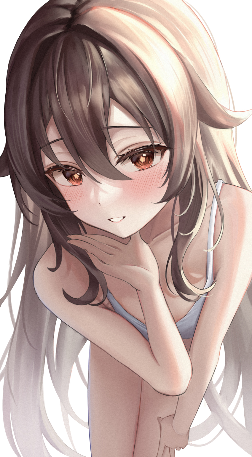 1girl absurdres bare_shoulders blush bra brown_hair close-up collarbone cowboy_shot flower-shaped_pupils genshin_impact grin hair_between_eyes hair_flaps hand_on_own_thigh hand_up highres hu_tao_(genshin_impact) leaning_forward long_hair looking_at_viewer parted_lips red_eyes sidelocks simple_background smile solo symbol-shaped_pupils teeth thighs twintails underwear underwear_only vivid_(vividusss) white_background white_bra