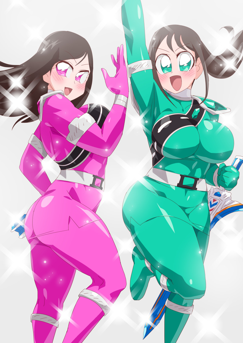 2girls bodysuit brown_hair green_eyes hayami_sena mashin_sentai_kiramager multiple_girls no_headwear ooharu_sayo otokamu pink_eyes super_sentai