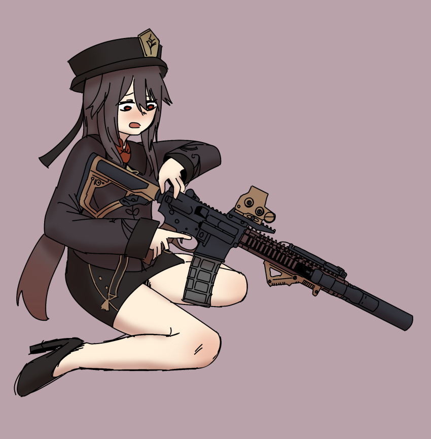 1girl black_footwear black_hair black_hat black_jacket black_shorts brown_background brown_hair commission eotech flashlight genshin_impact gradient_hair gun hair_between_eyes hat high_heels highres holding holding_gun holding_weapon hu_tao_(genshin_impact) jacket long_hair long_sleeves m4_carbine multicolored_hair red_eyes red_shirt sharpy_(kdy000913) shirt shoes short_shorts shorts simple_background sleeves_past_wrists solo very_long_hair weapon