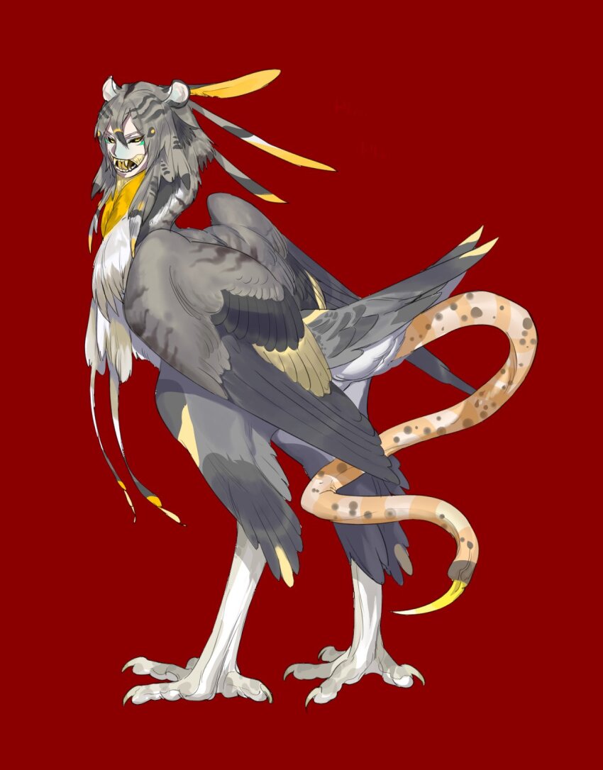 1boy animal_ears black_sclera colored_sclera colored_tongue commentary_request feathered_wings full_body grey_hair grey_wings highres human_head looking_back male_focus meziro001 original red_background simple_background solo standing wings yellow_eyes yellow_tongue