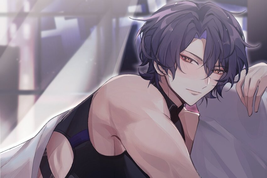 1boy bare_shoulders bed bed_sheet blue_hair closed_mouth clothing_cutout dr._ratio_(honkai:_star_rail) hair_between_eyes highres honkai:_star_rail honkai_(series) jenn_(sinclairfan1) light_blush looking_at_viewer male_focus red_eyes shirt sleeveless sleeveless_shirt solo