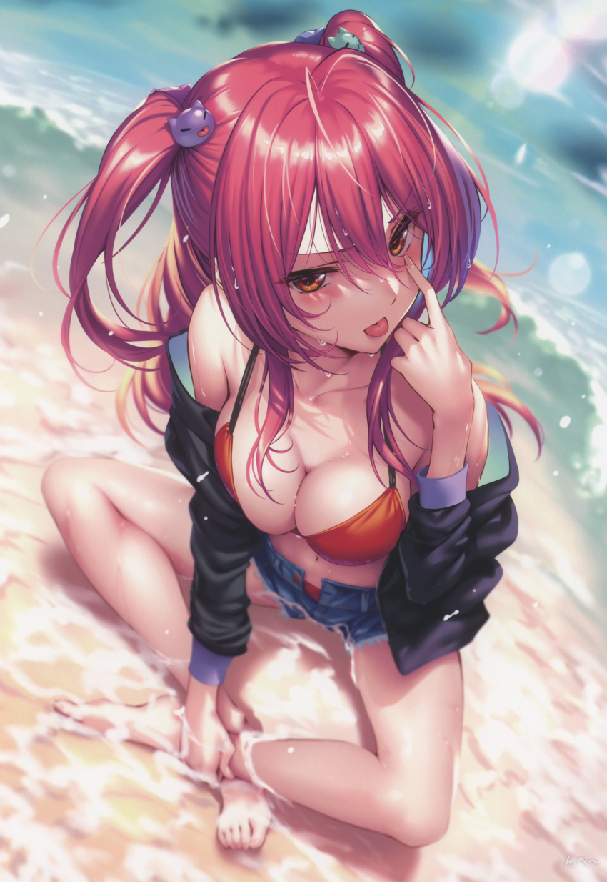 1girl absurdres akanbe bare_shoulders barefoot bikini bikini_under_clothes blurry blurry_background blush breasts brown_eyes brown_hair buttons day eyelid_pull full_body hair_ornament hanikami_kanojo highres hinoura_nanaka jacket long_hair looking_at_viewer medium_breasts ocean off_shoulder open_clothes open_jacket outdoors partially_submerged piromizu red_hair scan shore shorts simple_background sitting solo swimsuit toes tongue tongue_out twintails unbuttoned water