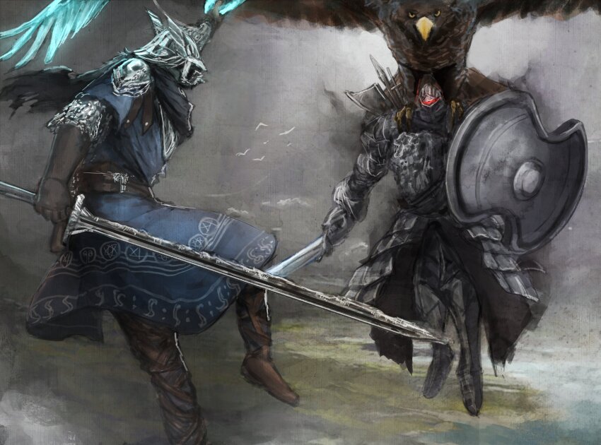 1boy 1other absurdres bird black_gloves boots brown_boots character_request commentary eagle elden_ring elden_ring_nightreign floating gloves helm helmet highres holding holding_shield holding_sword holding_weapon satsu-strive shield simple_bird sword the_pursuer weapon winged_helmet