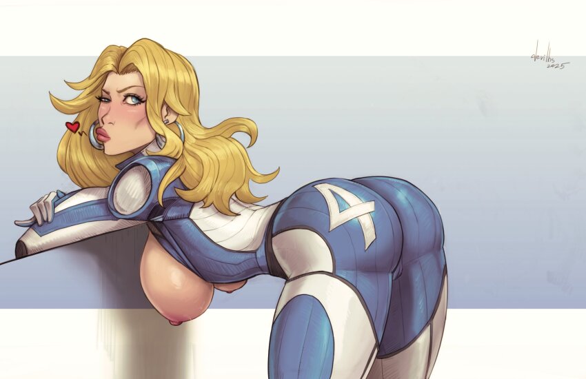 1girl artist_name ass bent_over blonde_hair blue_bodysuit blue_eyes bodysuit breasts devilhs earrings fantastic_four heart highres hoop_earrings huge_ass jewelry large_breasts long_hair marvel marvel_rivals nipples one_eye_closed signature solo sue_storm two-tone_bodysuit white_bodysuit