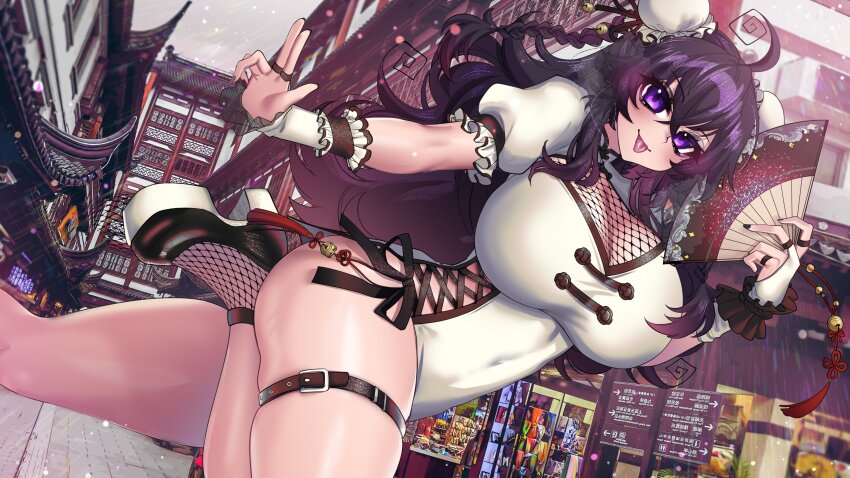 1girl absurdres ahoge architecture china_dress chinese_clothes covered_navel crawling_dreams double_bun dress east_asian_architecture fishnets gloves hair_bun hand_fan highres leg_up long_hair naughty_face navel nyarla_(osiimi) osiimi paid_reward_available purple_eyes purple_hair solo steam steaming_body tongue tongue_out white_gloves