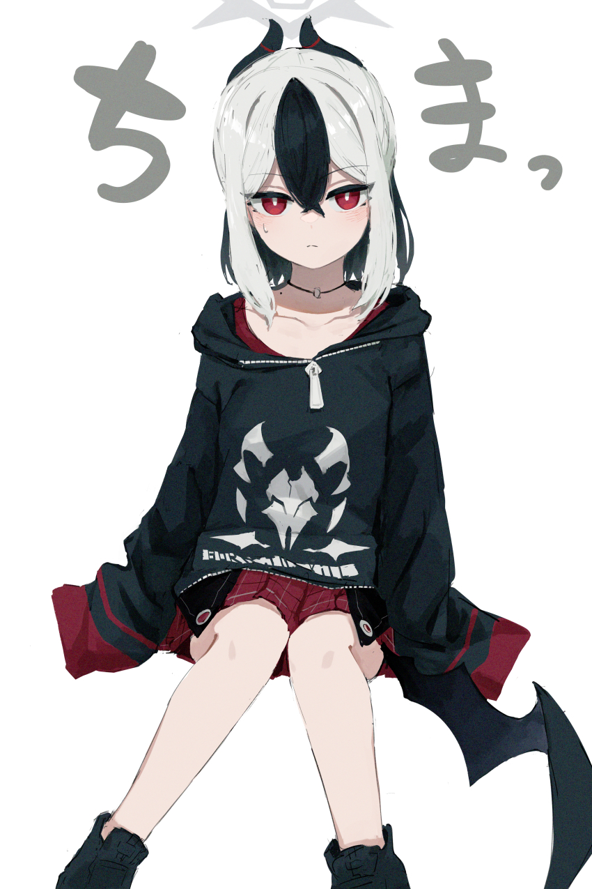 1girl absurdres black_footwear black_hoodie blue_archive demon_girl demon_horns demon_tail hair_between_eyes highres hood hoodie horns kayoko_(blue_archive) multicolored_hair red_eyes red_shirt red_skirr shirt sitting string_choker tail very_long_sleeves y4mori_gekko