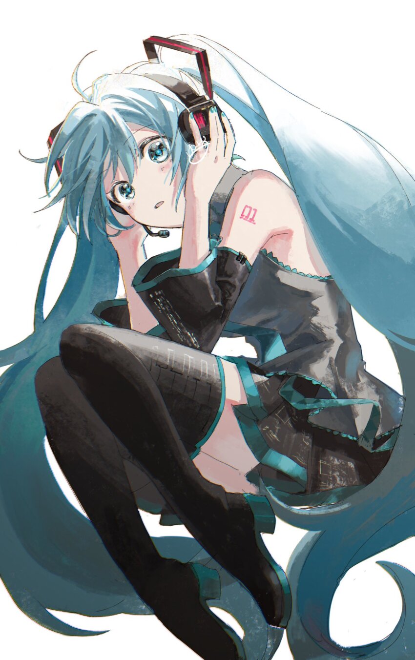 1girl bare_shoulders belt black_footwear black_skirt black_sleeves blue_eyes blue_hair blue_nails boots collared_shirt d: detached_sleeves frilled_shirt frills from_side grey_shirt hair_between_eyes hair_ornament hands_on_headphones hatsune_miku headphones highres knees_together_feet_apart long_hair long_sleeves looking_at_viewer loose_belt nail_polish number_tattoo open_mouth pleated_skirt shirt sidelocks signature skirt sleeveless sleeveless_shirt solo tattoo thigh_boots thighhighs twintails very_long_hair vocaloid yufuyuruuu zettai_ryouiki