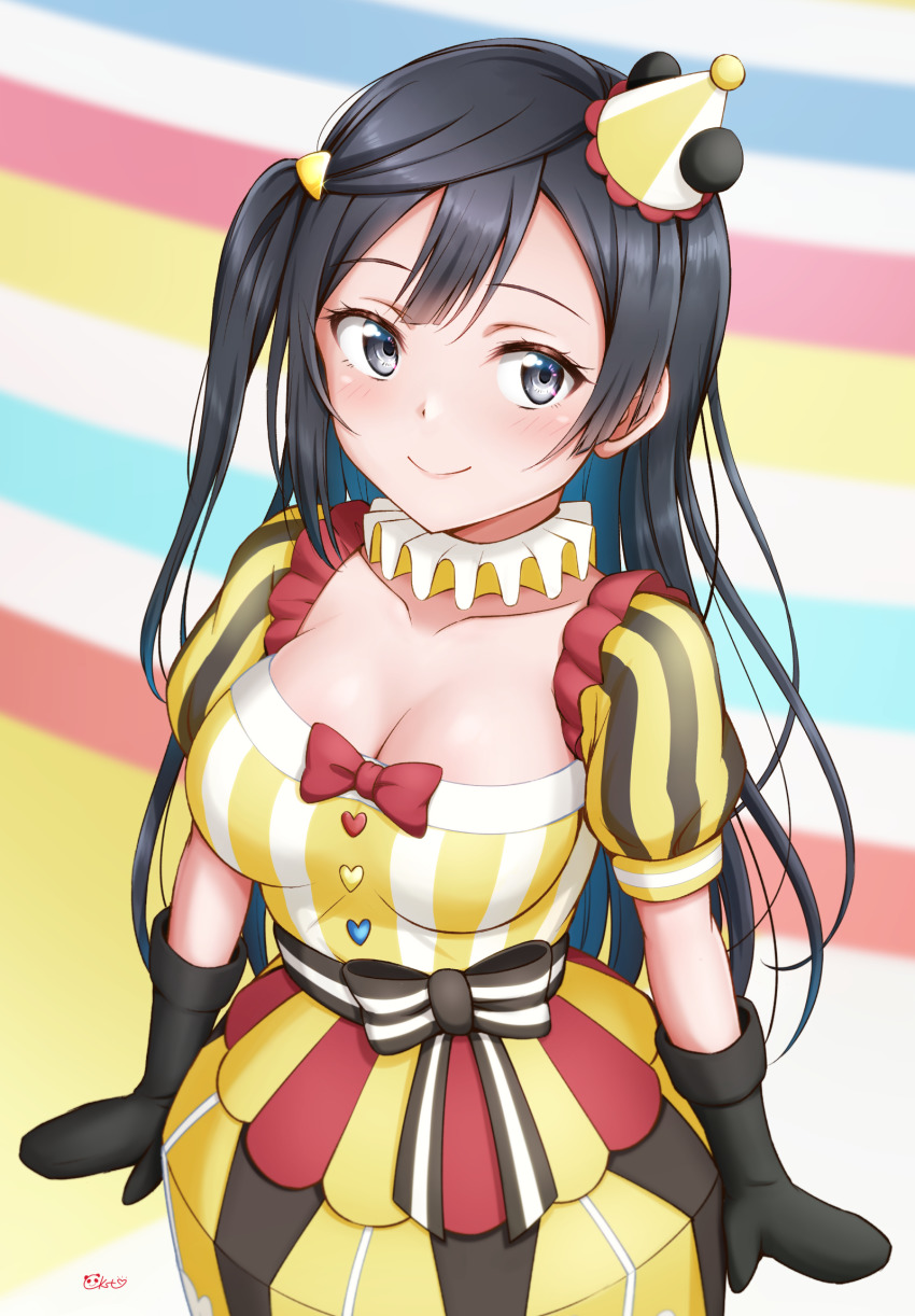 1girl black_hair black_mittens blush breasts ckst cleavage collarbone commentary grey_eyes hat highres infinity!_our_wings!! large_breasts long_hair looking_at_viewer love_live! love_live!_nijigasaki_high_school_idol_club mittens one_side_up sidelocks signature smile solo upper_body yuki_setsuna