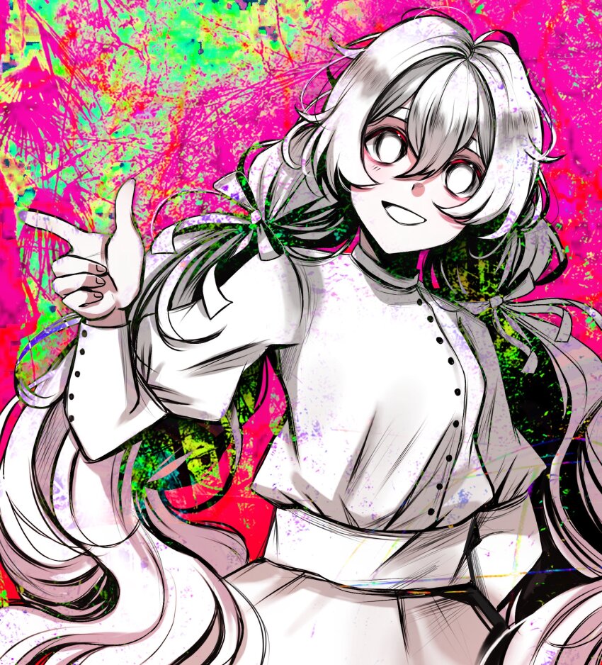 1girl bright_pupils charlotte_wiltshire charlotte_wiltshire_(q84) empty_eyes fluffyblessing hair_ribbon hello_charlotte highres long_hair long_sleeves multicolored_background open_mouth paint_splatter ribbon shirt skirt smile solo twintails very_long_hair wavy_hair white_eyes white_hair white_pupils white_shirt