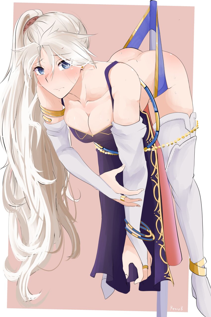 1girl absurdres alternate_eye_color ass bare_shoulders blonde_hair blue_dress blue_eyes blue_panties blush breasts bridal_gauntlets butt_crack cape choker cleavage collarbone commission dress earrings elbow_gloves embarrassed fire_emblem fire_emblem:_genealogy_of_the_holy_war gloves grey_hair hanging_wedgie highres ishtar_(fire_emblem) jewelry large_breasts long_hair looking_at_viewer nintendo panties panty_pull pelvic_curtain ponytail rroar8 simple_background sleeveless sleeveless_dress solo thighhighs thong underwear very_long_hair wedgie white_gloves white_hair