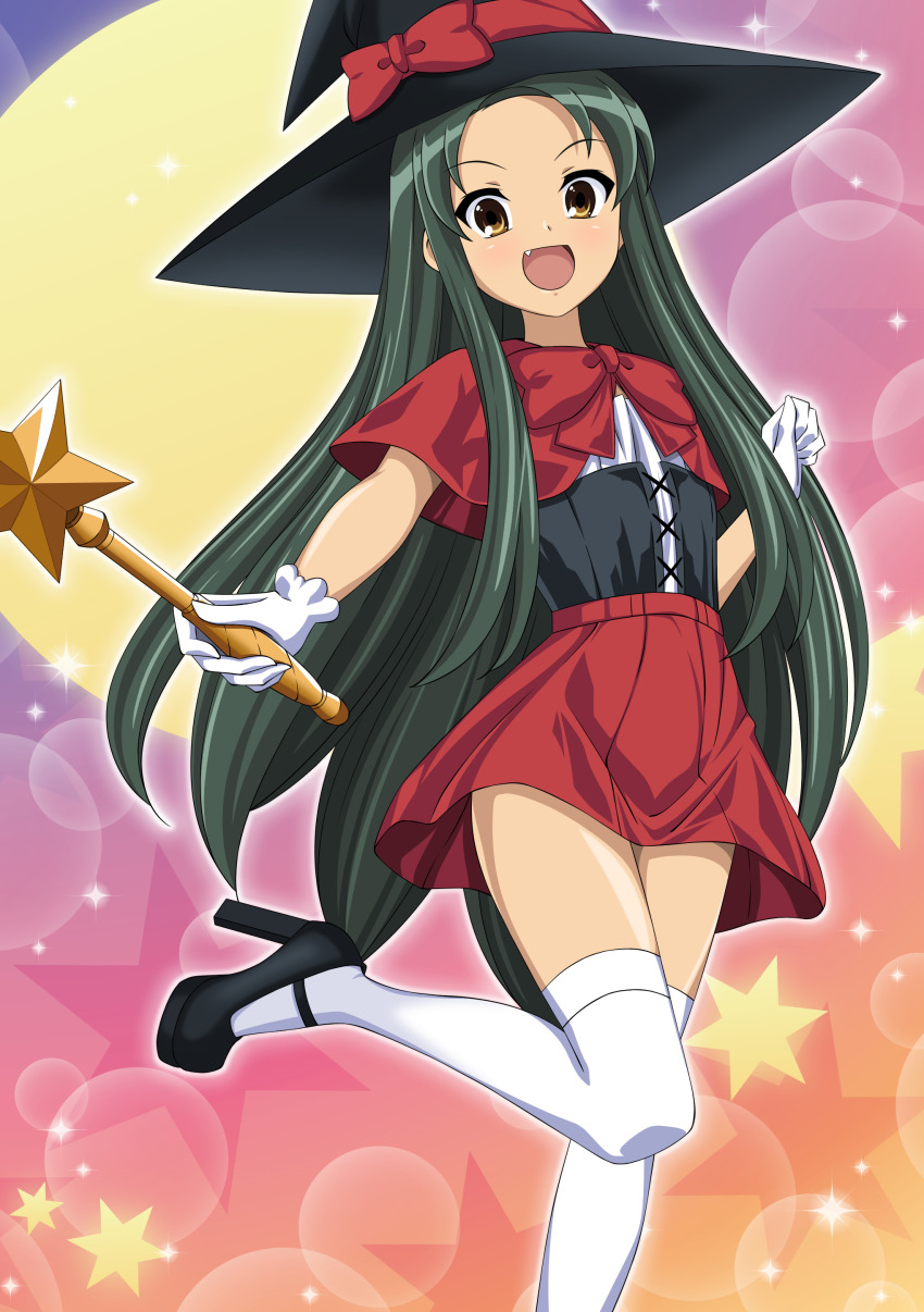 1girl :d absurdres black_corset black_footwear black_hat brown_eyes commentary_request corset fang gloves green_hair gurobeya halloween happy_halloween hat high_heels highres holding holding_wand leg_up long_hair looking_at_viewer open_mouth red_skirt short_sleeves skirt smile solo suzumiya_haruhi_no_yuuutsu thighhighs tsuruya very_long_hair wand white_gloves white_thighhighs witch_hat