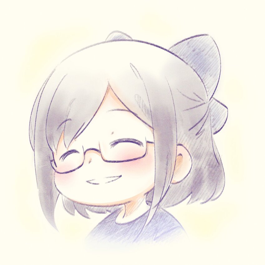 1girl a-chan_(hololive) black_hair blue_bow blue_shirt blush bow chibi closed_eyes commentary_request glasses hair_bow highres hololive semi-rimless_eyewear shirt sidelocks simple_background smile solo virtual_youtuber wakatsuki_misato yellow_background