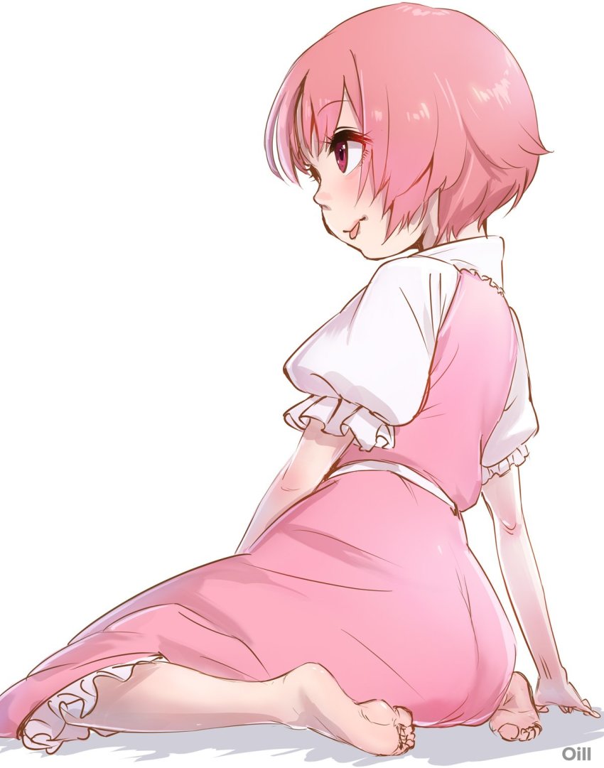 1girl :p ass barefoot dress feet female_focus from_behind full_body highres pink_dress pink_eyes pink_hair short_hair short_sleeves simple_background sitting soles solo takami_masahiro toaru_majutsu_no_index toes tongue tongue_out tsukuyomi_komoe white_background white_sleeves