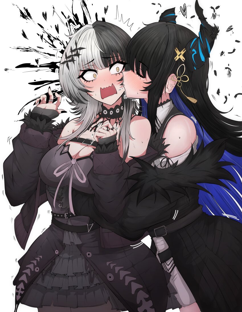 2girls ^^^ absurdres asymmetrical_horns belt black_belt black_choker black_dress black_flower black_gloves black_hair black_horns black_jacket black_nails blue_hair blush breasts chest_belt choker cleavage closed_eyes clothing_cutout colored_inner_hair commentary constricted_pupils cowboy_shot demon_horns dress english_commentary falling_feathers feathers fingernails flower fur-trimmed_jacket fur-trimmed_sleeves fur_trim furrowed_brow gloves grey_hair hair_ornament hand_on_another&#039;s_stomach hands_up heart highres hololive hololive_english horn_flower horns jacket jewelry kiss kissing_cheek lace lace_choker large_breasts long_fingernails long_hair long_sleeves mayoa mole mole_under_eye motion_lines multicolored_hair multiple_girls multiple_rings nail_polish nerissa_ravencroft nerissa_ravencroft_(1st_costume) off_shoulder open_clothes open_jacket open_mouth ring romaji_text shiori_novella shiori_novella_(1st_costume) shoulder_cutout simple_background split-color_hair standing surprised tassel tassel_hair_ornament two-tone_hair uneven_horns very_long_hair virtual_youtuber wavy_mouth white_background wide-eyed yellow_eyes yuri