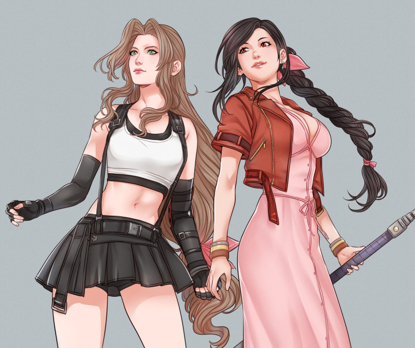 2girls aerith_gainsborough aerith_gainsborough_(cosplay) alternate_hairstyle bangle bare_shoulders black_bra black_gloves black_hair black_skirt bra bracelet braid braided_ponytail breasts brown_hair cleavage closed_mouth cosplay costume_switch crop_top cropped_jacket crylin6 dress elbow_gloves elbow_pads female_focus final_fantasy final_fantasy_vii final_fantasy_vii_rebirth final_fantasy_vii_remake fingerless_gloves gloves green_eyes grey_background hair_ribbon hairstyle_switch highres holding holding_staff jacket jewelry large_breasts long_dress long_hair low-tied_long_hair medium_breasts midriff multiple_girls navel non-web_source parted_bangs parted_lips pink_dress pink_ribbon pleated_skirt red_eyes red_jacket ribbon shirt short_sleeves sidelocks single_braid single_elbow_pad skirt sleeveless sleeveless_shirt sports_bra staff suspenders swept_bangs tifa_lockhart tifa_lockhart_(cosplay) underwear wavy_hair white_shirt