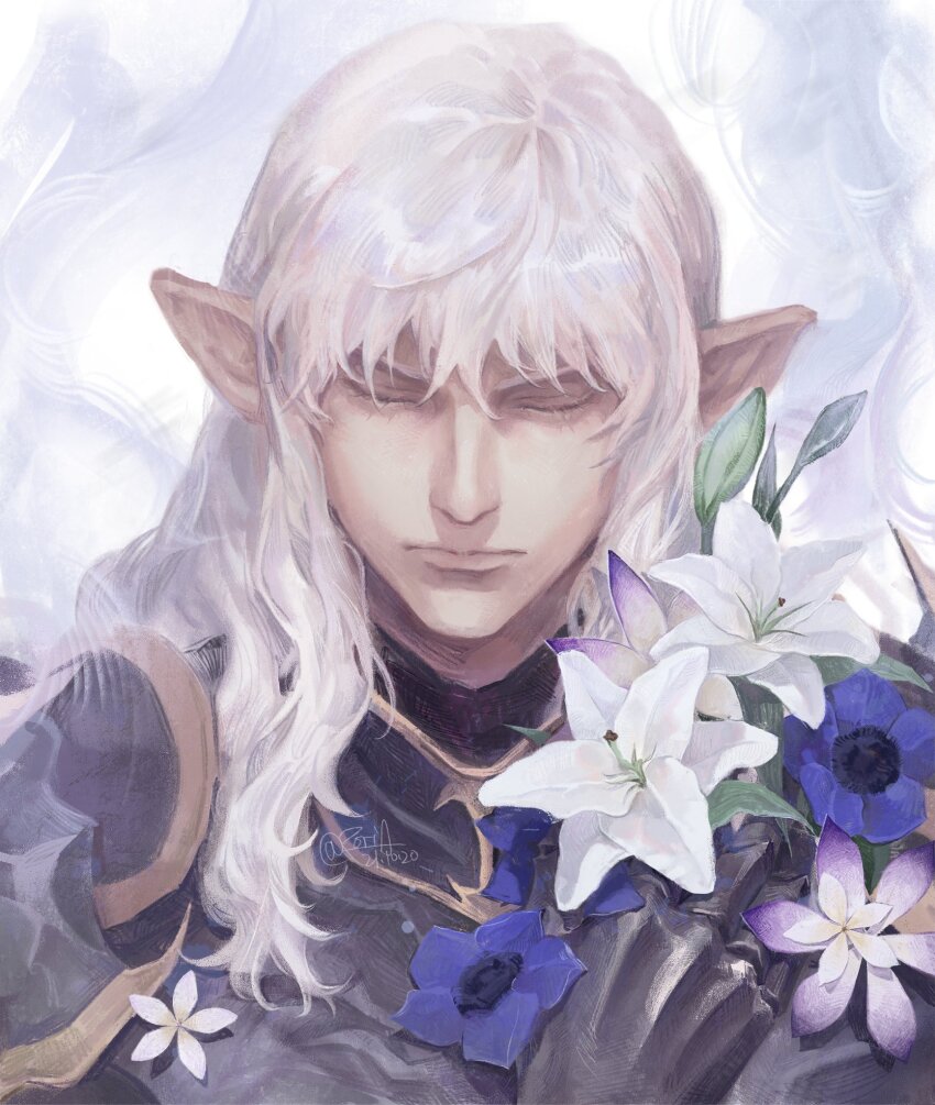 1boy @_(symbol) anemone_(flower) armor blue_armor clawed_gauntlets closed_eyes closed_mouth dated dragoon_(final_fantasy) elezen elf estinien_varlineau final_fantasy final_fantasy_xiv flower grey_background highres holding holding_flower lily_(flower) long_hair male_focus pauldrons pointy_ears poriaflgilake shoulder_armor signature simple_background solo straight-on turtleneck two-tone_background violet_(flower) white_background white_hair