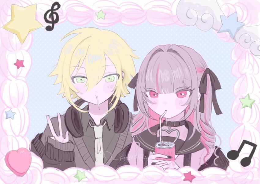 1boy 1girl animal_collar black_nails black_sailor_collar blonde_hair blouse border brown_hair can cigarette collar collared_shirt colored_inner_hair drinking drinking_straw drinking_straw_in_mouth green_eyes hair_between_eyes headphones headphones_around_neck heart heart_pendant highres holding holding_can jacket kanipeace long_hair looking_at_viewer makaino_ririmu multicolored_hair musical_note nail_polish necktie nijisanji off_shoulder ornate_border pastel_colors pink_eyes pink_hair pointy_ears polka_dot ringlets sailor_collar shirt short_hair smoking star_(symbol) streaked_hair sweater treble_clef twitter_username two-tone_hair two_side_up upper_body uzuki_kou v virtual_youtuber