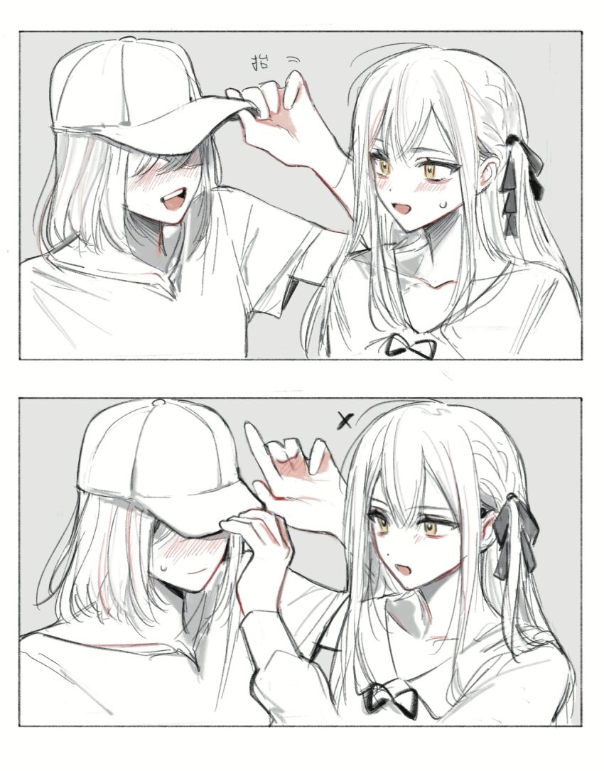 2girls bang_dream! bang_dream!_it&#039;s_mygo!!!!! baseball_cap blush breasts commentary greyscale hair_ribbon hat highres medium_breasts misumi_uika monochrome multiple_girls open_mouth ribbon short_sleeves sidelocks siy_(shengxiu760722) spot_color sweatdrop symbol-only_commentary togawa_sakiko two_side_up yellow_eyes