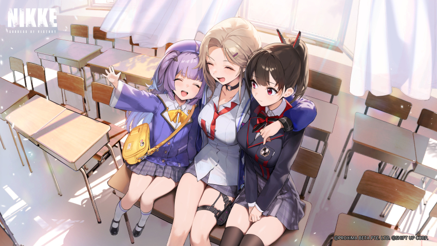 3girls absurdres arm_around_neck black_hair black_shirt black_thighhighs brown_hair closed_eyes closed_mouth collared_shirt cropped day desk ein_(nikke) goddess_of_victory:_nikke hair_ornament hairpin highres long_hair long_sleeves looking_at_another multiple_girls necktie official_art on_desk purple_hair red_eyes red_necktie rei_(nikke) school_desk second-party_source shirt sitting skirt smile teeth thighhighs white_shirt zwei_(nikke)