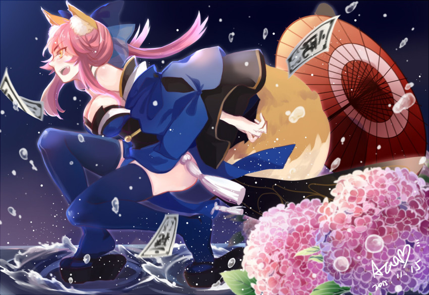 10s 1girl animal_ears bare_shoulders blue_thighhighs bow breasts cleavage dated detached_sleeves fang fate/extra fate/grand_order fate_(series) female_focus flower fox_ears fox_tail hair_bow hair_ribbon hydrangea japanese_clothes large_breasts long_hair ofuda oil-paper_umbrella open_mouth pink_hair puyue ribbon siddham signature solo tail tamamo_(fate) tamamo_no_mae_(fate/extra) thighhighs twintails umbrella water water_drop yellow_eyes