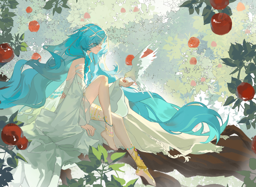 1girl 37_(down_in_the_grotto)_(reverse:1999) 37_(reverse:1999) absurdres anklet apple apple_tree arm_support bare_shoulders barefoot bird blue_eyes blue_hair cape danzhi_lingjia detached_sleeves eyes_visible_through_hair feeding_animal food from_side fruit full_body hair_ornament hand_up highres holding holding_food in_tree jewelry knee_up leaf long_hair making-of_available on_branch one-piece_swimsuit profile reverse:1999 sitting sitting_in_tree sitting_on_branch solo swimsuit tree very_long_hair white_bird white_cape white_one-piece_swimsuit white_sleeves