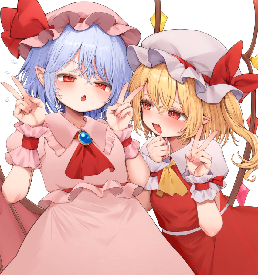 2girls :d :o ascot bat_wings blonde_hair blue_hair blush bow commentary_request double_v fang flandre_scarlet hair_between_eyes hat hat_bow long_hair looking_at_viewer mikan_(manmarumikan) mob_cap multiple_girls one_side_up open_mouth pink_hat pink_shirt pink_skirt pointy_ears puffy_short_sleeves puffy_sleeves red_ascot red_bow red_eyes red_skirt red_vest remilia_scarlet shirt short_hair short_sleeves siblings simple_background sisters skin_fang skirt smile touhou v vest white_background white_hat white_shirt wings wrist_cuffs yellow_ascot