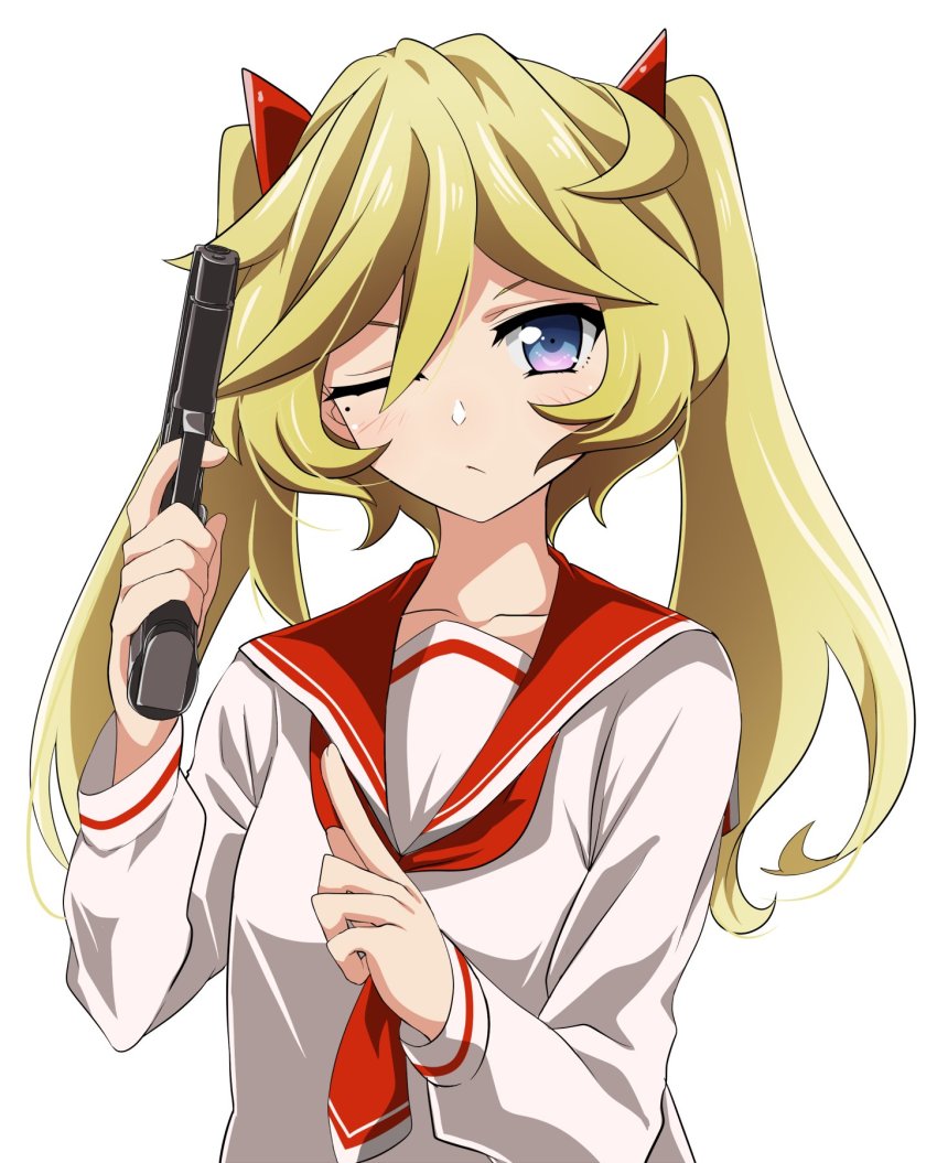 1girl alternate_hairstyle blonde_hair blue_eyes blush breasts closed_mouth collarbone cosplay dress elfnein finger_on_trigger gun hidan_no_aria highres kanzaki_h._aria looking_at_viewer mole mole_under_eye one_eye_closed sailor_dress senki_zesshou_symphogear shiny_skin short_hair simple_background small_breasts solo tanashi_(mk2) twintails upper_body weapon white_background