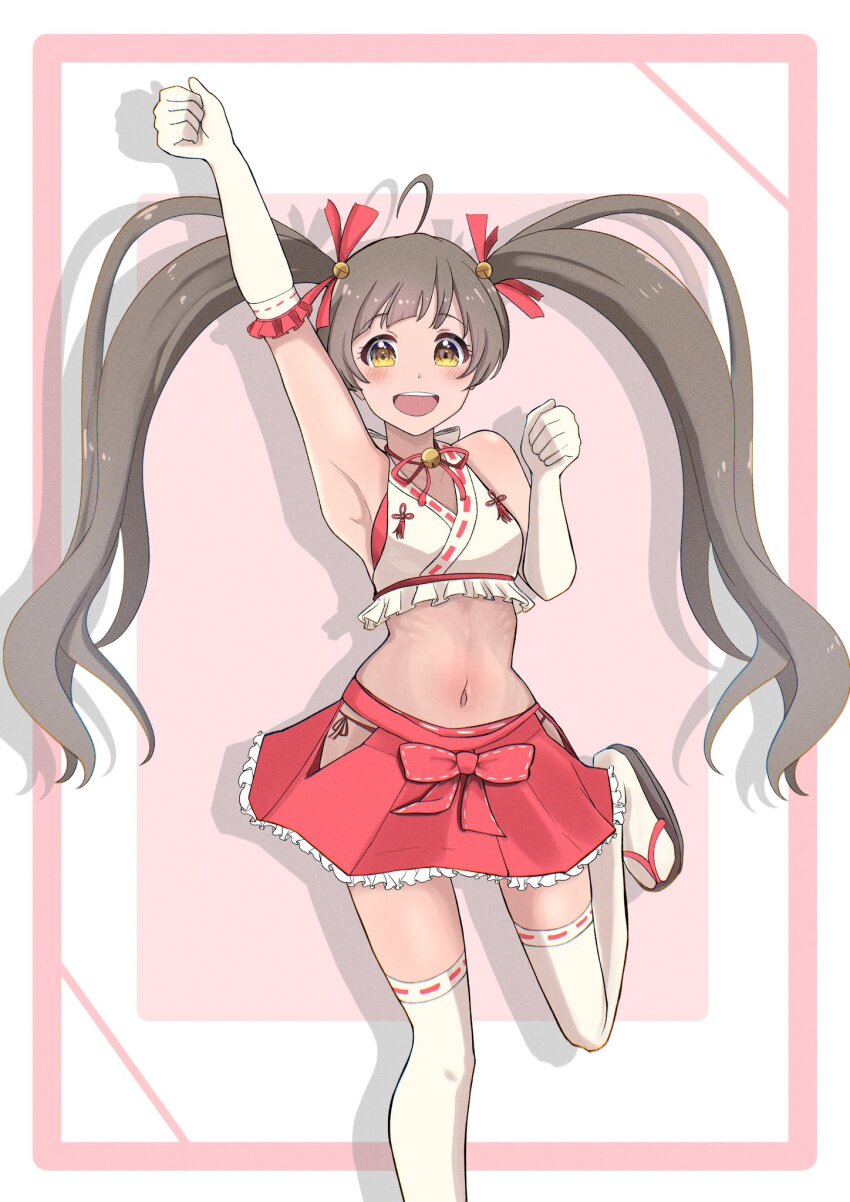 1girl :d ahoge arched_bangs arm_up armpits bare_shoulders bell bikini black_footwear blush body_blush bow breasts brown_hair clenched_hands concept_maihime_(idolmaster) dot_nose elbow_gloves foot_out_of_frame frilled_gloves frilled_shirt frilled_skirt frills gloves hair_bell hair_ornament hair_ribbon hakozaki_serika halter_shirt halterneck hand_up highres hip_vent idolmaster idolmaster_million_live! idolmaster_million_live!_theater_days jingle_bell long_hair looking_at_viewer midriff miniskirt navel neck_bell nontraditional_miko okobo open_mouth pink_background pink_bikini pink_ribbon pink_skirt platform_footwear pleated_skirt ribbon ribbon-trimmed_gloves ribbon-trimmed_shirt ribbon-trimmed_thighhighs ribbon_trim sandals shirt side-tie_bikini_bottom sidelocks skirt sleeveless sleeveless_shirt small_breasts smile solo standing standing_on_one_leg swimsuit teeth thighhighs twintails twoki upper_teeth_only very_long_hair waist_bow white_background white_gloves white_thighhighs yellow_eyes