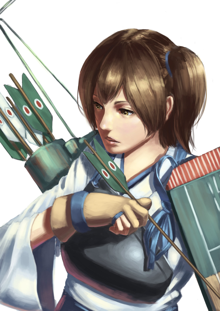 10s 1girl arrow_(projectile) bad_id bad_pixiv_id bow_(weapon) breasts brown_eyes brown_hair female_focus flight_deck gloves highres japanese_clothes kaga_(kancolle) kantai_collection lips looking_away michitarou muneate nose partially_fingerless_gloves partly_fingerless_gloves quiver realistic side_ponytail simple_background solo tasuki upper_body weapon white_background yugake