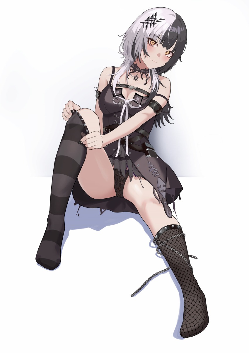 1girl absurdres adjusting_clothes adjusting_legwear arm_strap asymmetrical_legwear bare_shoulders black_choker black_dress black_hair black_nails black_panties blush breasts chain chest_belt choker cleavage dress feet fishnet_socks fishnets full_body grey_hair hair_ornament head_tilt highres hololive hololive_english knee_up looking_at_viewer medium_breasts mismatched_legwear multicolored_hair nail_polish off_shoulder panties pantyshot shift_(shiftillust) shiori_novella shiori_novella_(1st_costume) sitting socks solo split-color_hair strap_slip striped_clothes striped_socks thighs two-tone_hair underwear virtual_youtuber white_background yellow_eyes