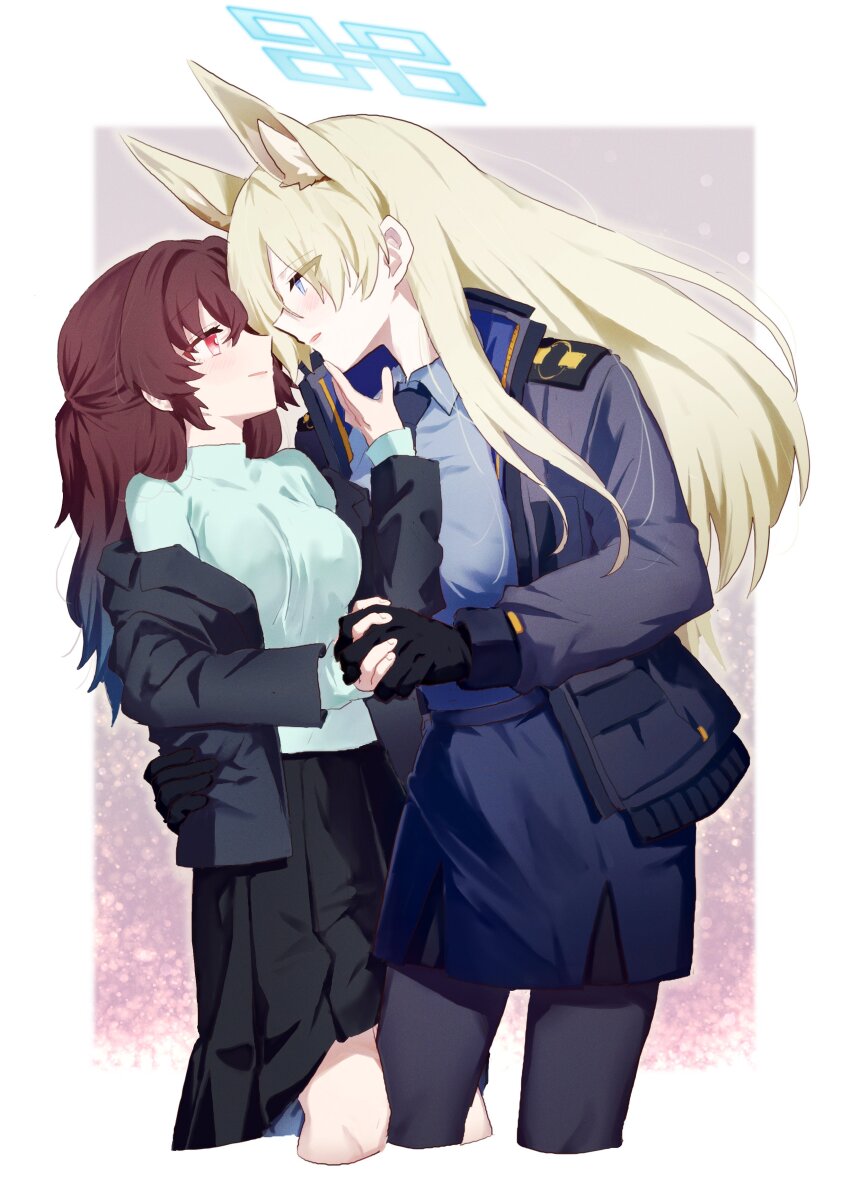 2girls absurdres animal_ears black_gloves black_jacket black_necktie black_pantyhose black_skirt blonde_hair blue_archive blue_eyes blue_shirt blue_skirt border breasts brown_hair collared_shirt commentary_request dog_ears female_sensei_(blue_archive) gloves halo highres holding holding_jacket holding_unworn_clothes interlocked_fingers jacket kanna_(blue_archive) leg_between_thighs long_hair medium_breasts multiple_girls necktie off_shoulder open_clothes open_jacket pantyhose parted_lips pleated_skirt purple_background red_eyes sensei_(blue_archive) senta_(ysk_0218) shirt skirt white_border yuri