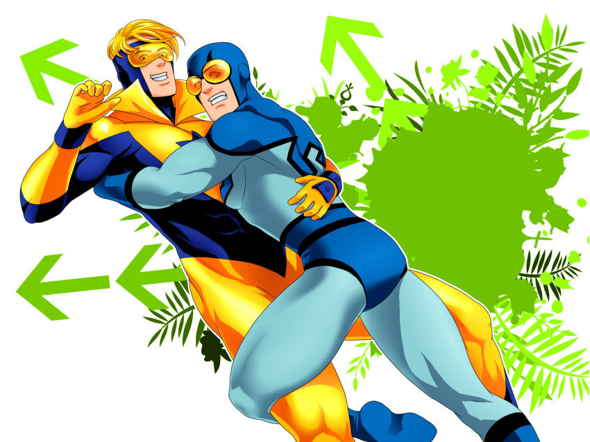 2boys arrow_(projectile) blonde_hair blue_beetle bodysuit booster_gold dc_comics goggles highres hug male_focus mask multiple_boys mxsxe ted_kord