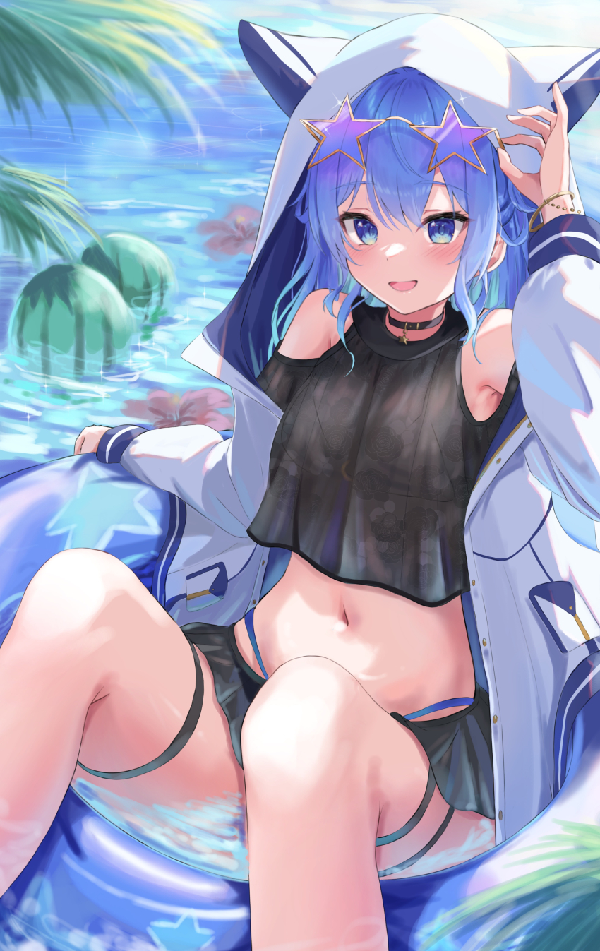 1girl absurdres afloat animal_hood bikini bikini_skirt bikini_under_clothes black_choker black_shirt blue_eyes blue_hair blush bracelet choker cropped_shirt food fruit highleg highleg_bikini highres hololive hood hooded_jacket hoshimachi_suisei innertube jacket jewelry looking_at_viewer midriff navel on_innertube open_clothes open_jacket open_mouth palm_tree shirt smile solo star-shaped_eyewear star_(symbol) swim_ring swimsuit thigh_strap tinted_eyewear tree virtual_youtuber watermelon white_jacket y&#039;=&#039;y