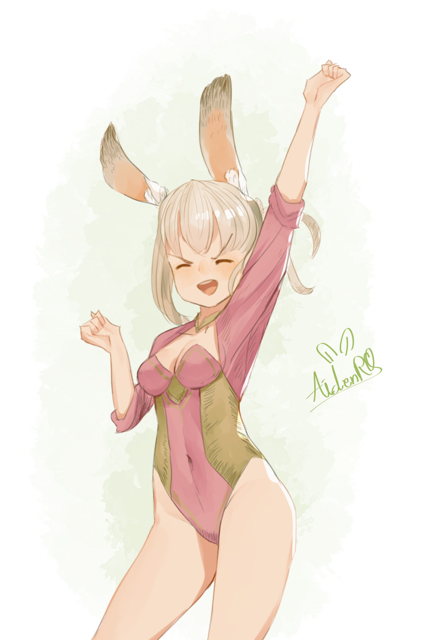 1girl ^_^ absurdres alternate_costume animal_ear_fluff arm_up artist_name breasts cleavage clenched_hands closed_eyes covered_navel cowboy_shot effie_(fire_emblem) female_focus fire_emblem fire_emblem_fates green_background grey_hair groin hand_up happy highres leotard medium_breasts nintendo open_mouth outstretched_arm pink_leotard playboy_bunny rabbit_ears rabbit_girl short_hair signature simple_background sleeved_leotard sleeves_rolled_up smile solo spindle_(aidenr0) standing teeth v-shaped_eyebrows