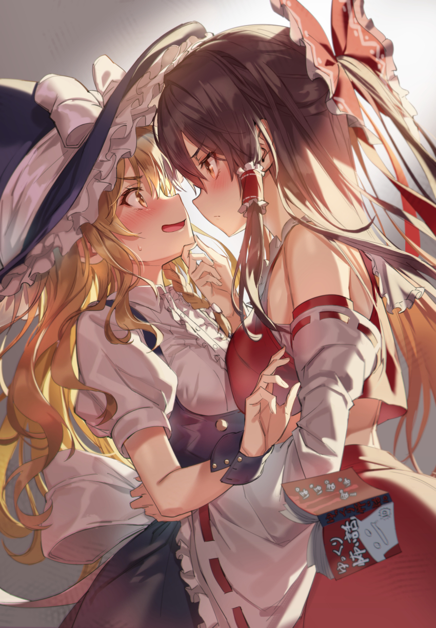 2girls absurdres apron asymmetrical_docking bare_shoulders black_headwear black_skirt blonde_hair blush book bow breast_press breasts brown_eyes brown_hair closed_mouth commentary_request cowboy_shot detached_sleeves eye_contact frilled_apron frills hair_bow hair_tubes hakurei_reimu hand_on_another&#039;s_chin hat hat_bow highres kirisame_marisa long_hair long_sleeves looking_at_another medium_breasts michairu midriff_peek multiple_girls open_mouth ponytail puffy_short_sleeves puffy_sleeves red_bow red_ribbon red_skirt ribbon ribbon-trimmed_sleeves ribbon_trim shirt short_sleeves sidelocks skirt small_breasts touhou v-shaped_eyebrows white_apron white_bow white_shirt wide_sleeves witch_hat wrist_cuffs yellow_eyes yuri