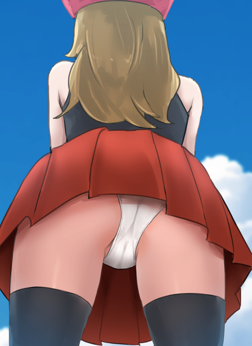 1girl absurdres ass black_shirt black_thighhighs brown_hair cameltoe cloud commentary creatures_(company) day from_below game_freak hat highres i_b_(yaun2242) long_hair mtu_virus multiple_views nintendo outdoors panties pantyshot pink_hat pleated_skirt pokemon pokemon_xy red_skirt serena_(pokemon) shirt skirt sky sleeveless sleeveless_shirt solo thighhighs underwear upskirt white_panties