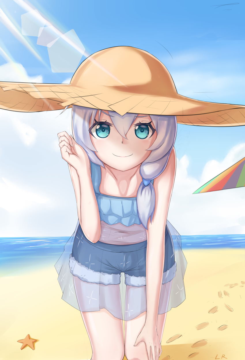 1girl absurdres beach beach_umbrella blue_eyes blue_sky cloud cloudy_sky denim denim_shorts dress footprints hair_between_eyes hat highres honkai_(series) honkai_impact_3rd leaning_forward long_hair looking_at_viewer lrichle ocean outdoors sand see-through_clothes see-through_dress shorts side_ponytail sky solo starfish straw_hat summer summer_uniform sundress theresa_apocalypse theresa_apocalypse_(valkyrie_pledge) umbrella white_hair