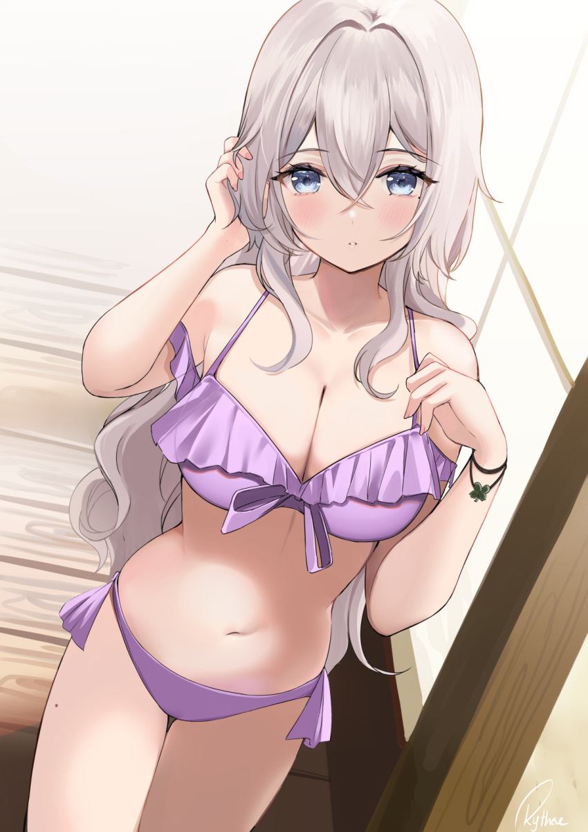 1girl bikini blue_eyes blush bracelet breasts cleavage clover commentary_request cowboy_shot crossed_bangs dutch_angle fingernails four-leaf_clover frilled_bikini frills front-tie_bikini_top front-tie_top grey_hair hair_between_eyes highres holding holding_own_hair jewelry large_breasts legs_together long_fingernails long_hair looking_at_viewer mole mole_on_thigh mole_under_eye navel original parted_lips purple_bikini ry_thae sanyu_(ry_thae) side-tie_bikini_bottom solo standing stomach swimsuit teeth thigh_gap very_long_hair wooden_floor