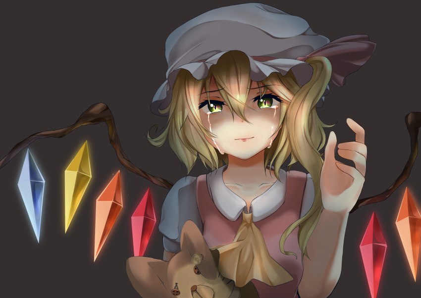 1girl absurdres commentary_request crying crying_with_eyes_open edaman female_focus flandre_scarlet highres looking_at_viewer simple_background solo stuffed_animal stuffed_toy tears teddy_bear touhou upper_body vampire