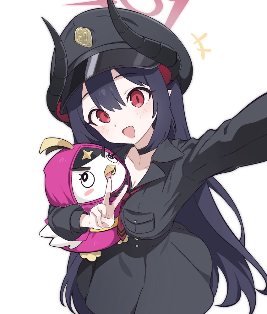 1girl absurdres black_choker black_hair black_hat black_horns black_shirt blue_archive blush breasts chiaki_(blue_archive) choker cleavage collared_shirt curled_horns demon_girl demon_horns halo hat highres holding holding_stuffed_toy horns kekek long_hair long_sleeves looking_at_viewer medium_breasts military_hat necktie open_mouth peroro_(blue_archive) pointy_ears red_eyes red_halo red_necktie shirt sidelocks slit_pupils smile solo stuffed_animal stuffed_toy