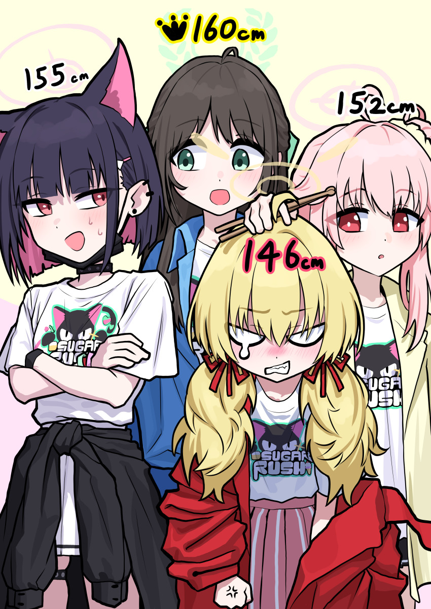 4girls :d absurdres airi_(band)_(blue_archive) airi_(blue_archive) anger_vein animal_ears aqua_eyes black_hair blonde_hair blue_archive blush brown_hair cat_ears clenched_hand clenched_teeth clothes_around_waist commentary_request crossed_arms drumsticks ear_piercing earrings hair_ornament hairclip halo highres holding holding_drumsticks jewelry kazusa_(band)_(blue_archive) kazusa_(blue_archive) korean_commentary long_hair multicolored_hair multiple_girls natsu_(band)_(blue_archive) natsu_(blue_archive) off_shoulder okokorika open_mouth piercing pink_hair pleated_skirt red_eyes short_hair side_ponytail skirt smile sweatdrop tears teeth twintails two-tone_hair yoshimi_(band)_(blue_archive) yoshimi_(blue_archive)