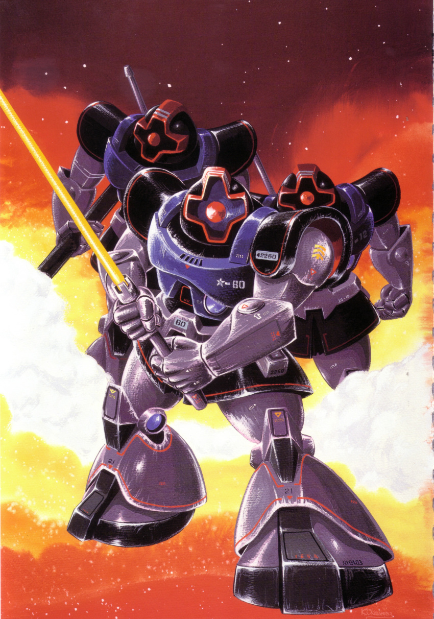 absurdres dom_(mobile_suit) gundam highres mecha mobile_suit_gundam official_art ookawara_kunio robot weapon