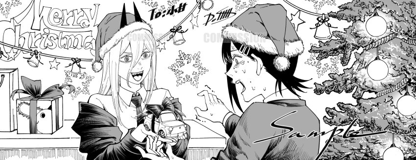 2girls absurdres box breasts chainsaw_man character_print christmas christmas_ornaments christmas_present christmas_tree collared_shirt cross-shaped_pupils demon_girl demon_horns dollllls2 fur-trimmed_headwear fur_trim gift gift_box greyscale hair_between_eyes hair_ornament hairclip hat higashiyama_kobeni highres horns jacket kobeni&#039;s_car_(chainsaw_man) long_hair long_hair_between_eyes medium_breasts monochrome multiple_girls necktie pochita_(chainsaw_man) power_(chainsaw_man) santa_hat shirt single_sidelock snowflakes sweat symbol-shaped_pupils toy_car