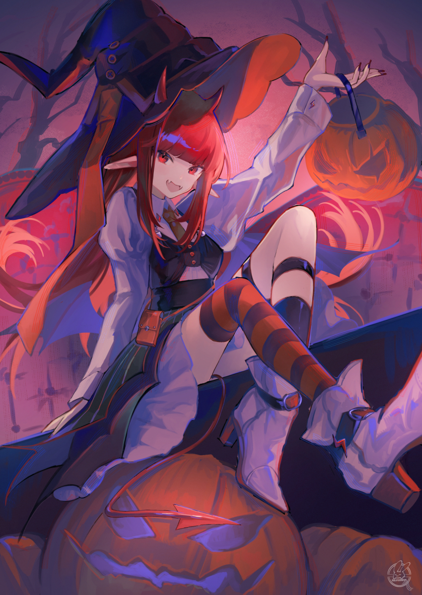 arknights asymmetrical_legwear black_hat black_skirt black_socks demon_girl demon_tail demon_wings fangs frilled_skirt frills halloween hat hemorina highres holding horns jack-o&#039;-lantern long_sleeves low_wings open_mouth pointy_ears pumpkin red_hair red_nails shirt single_thighhigh sitting skirt smile socks spiked_footwear tail thighhighs thighs vigna_(arknights) white_shirt wings