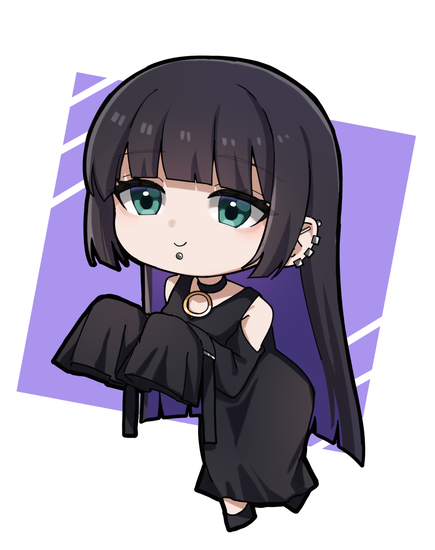 1girl absurdres barbell_piercing black_choker black_dress black_hair bocchi_the_rock! chibi chibi_only choker closed_mouth clothing_cutout colored_inner_hair commentary dress ear_piercing earclip green_eyes highres industrial_piercing labret_piercing long_hair looking_at_viewer multicolored_hair pa-san piercing purple_hair shoulder_cutout sleeves_past_fingers sleeves_past_wrists solo very_long_hair yozakurayuyu