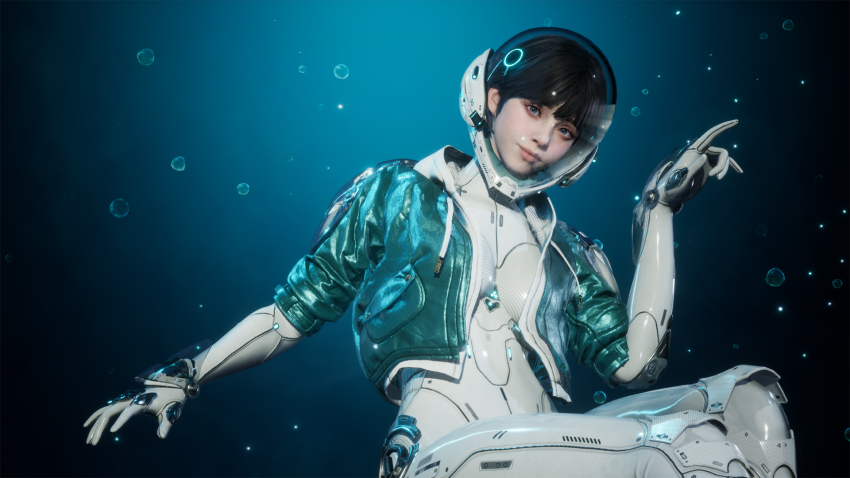 1girl 3d black_hair breasts bubble helmet highres jacket lips mecha_pilot_suit medium_breasts plugsuit smile tagme the_first_descendant underwater valby_(the_first_descendant) video_game